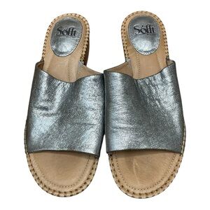 Sofft Leather Silver Slide Sandals Sz 9 Slip On Classic Preppy Neutral Open Toe